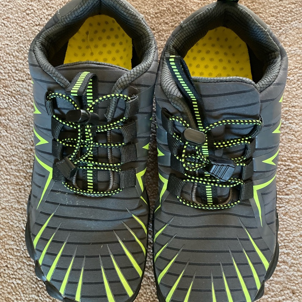 Gray and Yellow Athletic Shoes